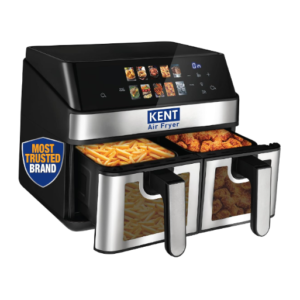 KENT Digital Air Fryer 10L| 2000W | Up to 80% Less Oil Usage | 10 Preset Menu |Digital Display & Touch Control Panel |Glass Window with in built Light | Dual Basket for Cooking 2 Dishes Simultaneously