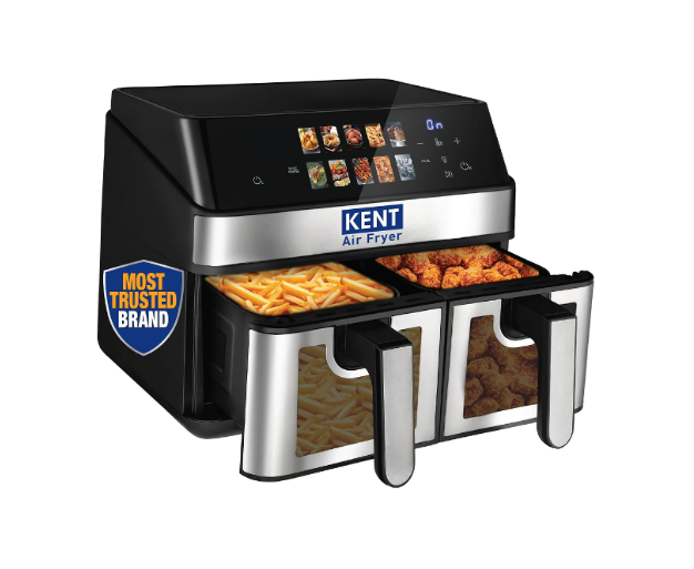 KENT Digital Air Fryer 10L| 2000W | Up to 80% Less Oil Usage | 10 Preset Menu |Digital Display & Touch Control Panel |Glass Window with in built Light | Dual Basket for Cooking 2 Dishes Simultaneously