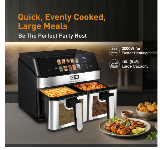 KENT Digital Air Fryer 10L| 2000W | Up to 80% Less Oil Usage | 10 Preset Menu |Digital Display & Touch Control Panel |Glass Window with in built Light | Dual Basket for Cooking 2 Dishes Simultaneously - Image 2