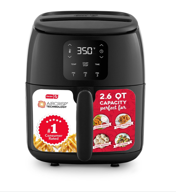 DASH Tasti-Crisp™ Air Fryer, 2.6L, Black, Compact Fryer for Healthy Food in Minutes, Ideal for Small Spaces, Auto Shut-Off