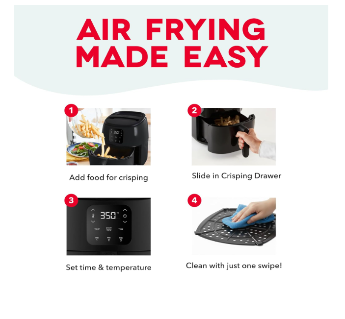 DASH Tasti-Crisp™ Air Fryer, 2.6L, Black, Compact Fryer for Healthy Food in Minutes, Ideal for Small Spaces, Auto Shut-Off - Image 2