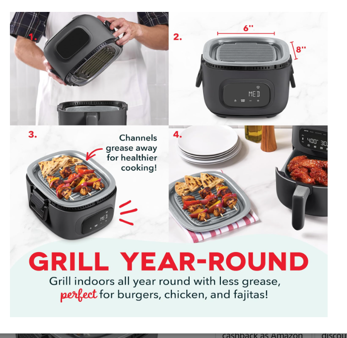 Dash Flip & Fry Digital 2-in-1 Grill + Air Fryer with 5 functions, 3 Qt Capacity, Air fryer & Indoor Grill for fries, wings, burgers and more - Forged Iron - Image 2