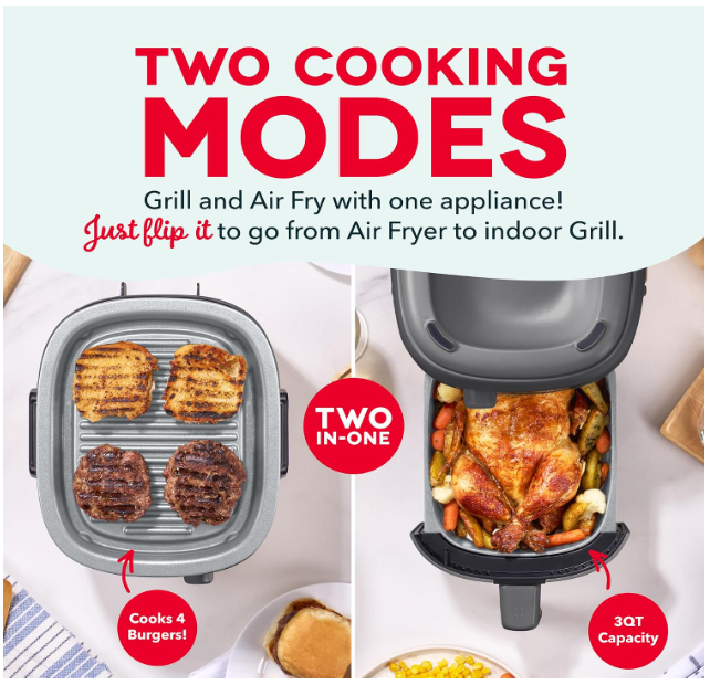 DASH Flip & Fry 2-in-1 Grill + Air Fryer, 3 Quart - Image 2