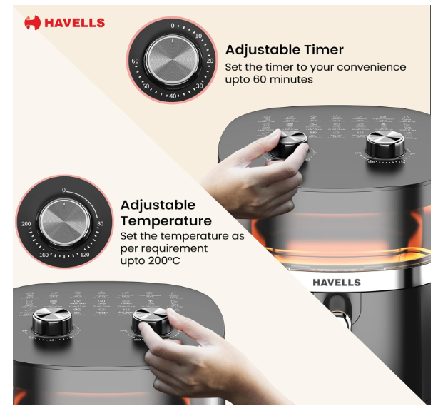 Havells Prolife Stellar Chef Smartchoice Air Fryer 5.5 Ltr|1500 Watts|See Through Window|Aerocrisp Tech: Rapid air circulation in every direction|Non Stick Silicon Coated Basket|2 Year Brand Warranty - Image 2