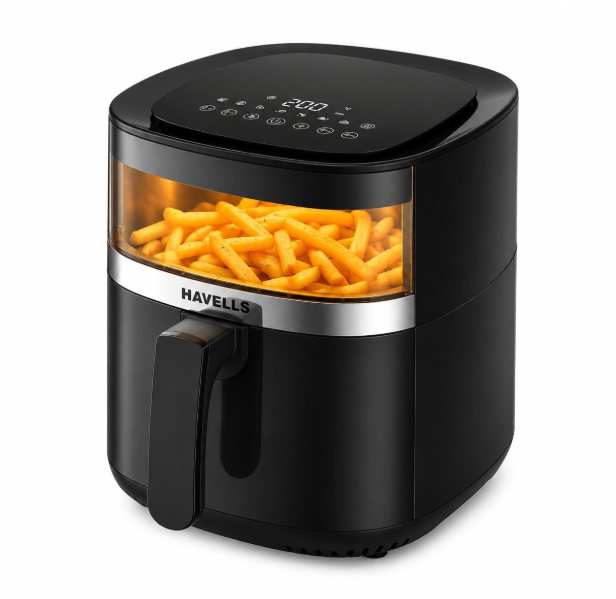 Havells Prolife Stellar Chef Digital 5.5L Airfryer| Top Viewing Window| Silicon Coated Basket – No toxic fumes| Aerocrisp Technology| 3kV Surge Protection| Powered by Safeserve