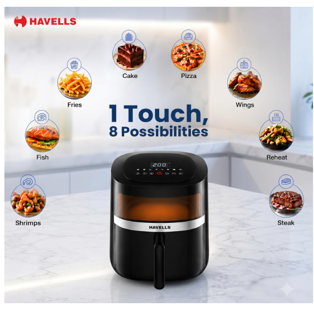 Havells Prolife Stellar Chef Digital 5.5L Airfryer| Top Viewing Window| Silicon Coated Basket – No toxic fumes| Aerocrisp Technology| 3kV Surge Protection| Powered by Safeserve - Image 2