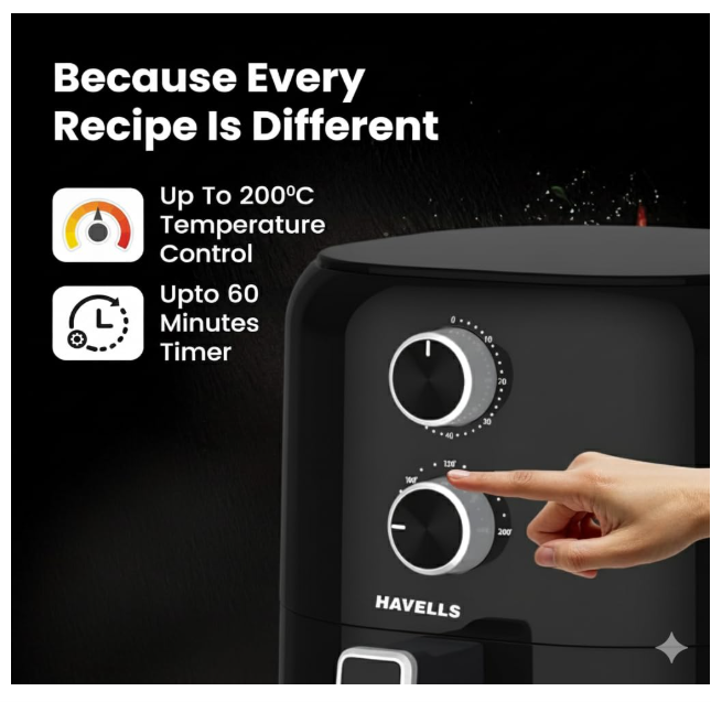 Havells Prolife VISTA Air Fryer 4.2 L | Aero Crisp Technology for Air Circulation | See Through Window | Non-Stick Silicon Coated Basket |Auto Shut-Off | Adjustable Temperature and Time (Black) - Image 2