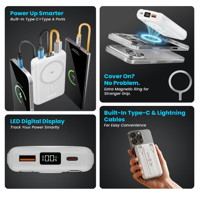 Lifelong Electronics 10000mAh MagSafe Wireless Power Bank | 2 Cables - Lightning & Type C - for Wired Fast Charging | Powerbank for iPhone, iWatch and All Qi Enabled Phones & Devices | Display & Stand - Image 2