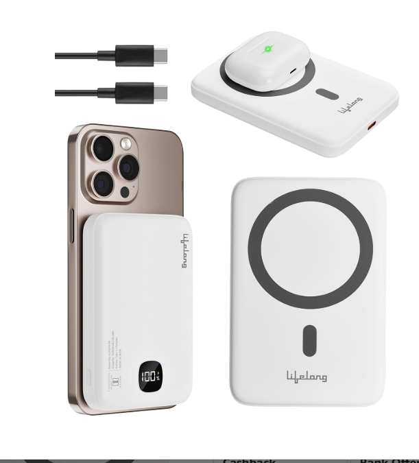 Lifelong Electronics MagSafe Wireless & Wired 10000mAH Power Bank | Fast Charging Powerbank for iPhone, Android & All Qi Devices | Digital Display & Strong Magnet Hold | Magnetic Ring & Cable Included