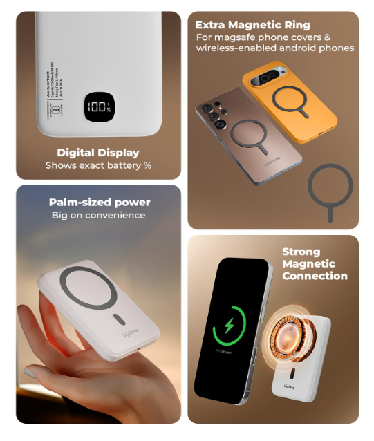 Lifelong Electronics MagSafe Wireless & Wired 10000mAH Power Bank | Fast Charging Powerbank for iPhone, Android & All Qi Devices | Digital Display & Strong Magnet Hold | Magnetic Ring & Cable Included - Image 2