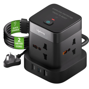 Lifelong Electronics Extension Board 7-in-1 with Switch | 4 AC Sockets + 3 USB Ports (2 Type A + 1 Type C) | Overload Protection | Desk Accessories & Multiplug Gadget | 2M Cord (Model: Cube)