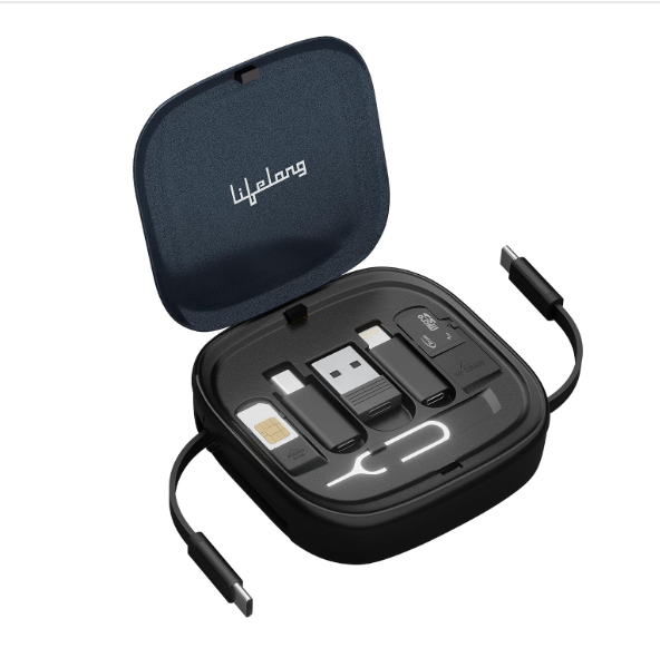 Lifelong Electronics 60W All-in-One Multifunctional Cable Kit | Fast Charging & Data Transfer | Retractable Cable with USB A & C Convertor, Micro/Lightning Connector, Sim Storage & Ejector Accessories