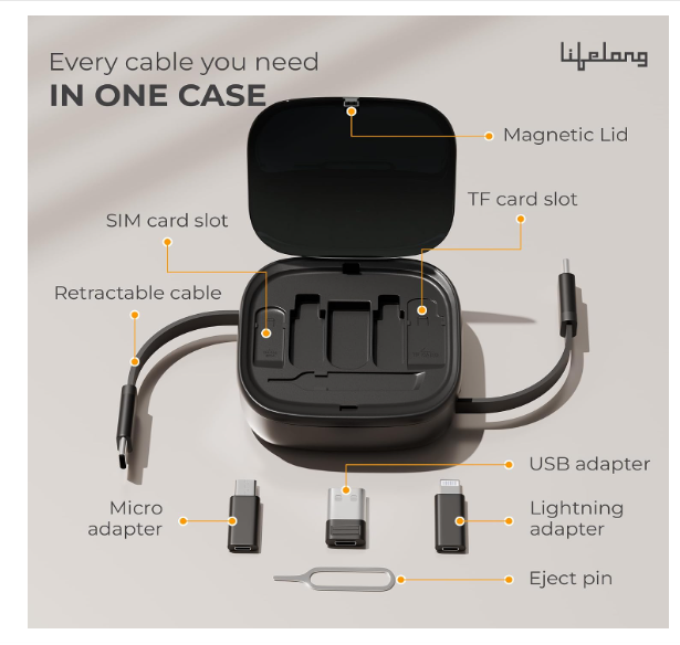 Lifelong Electronics 60W All-in-One Multifunctional Cable Kit | Fast Charging & Data Transfer | Retractable Cable with USB A & C Convertor, Micro/Lightning Connector, Sim Storage & Ejector Accessories - Image 2