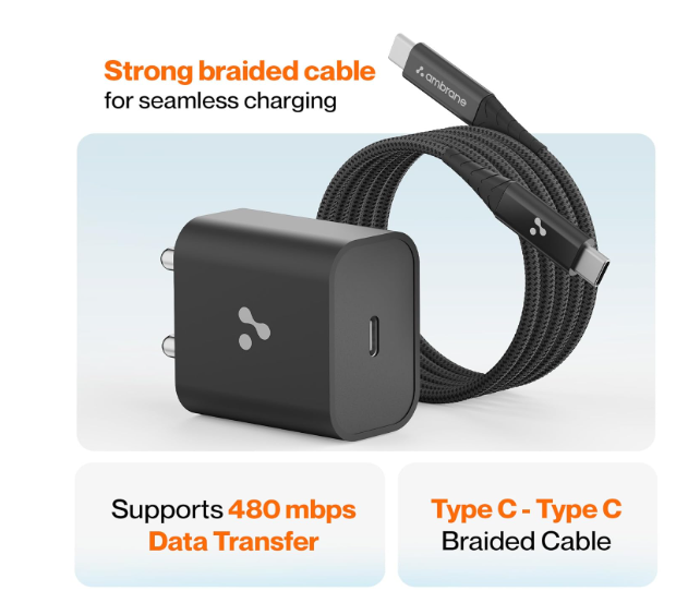 Ambrane 20W Type C Mobile Charger Adapter, Fast Charging for Android, iPhone 16/15/14/13/12/11/X (Pro,/Plus/Max Series), Samsung, Google Pixel & Oppo,Vivo Other Type C Enabled Devices, (M20,Black) - Image 2