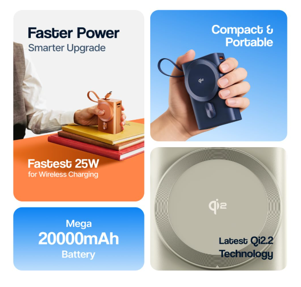 Ambrane 25W Qi2.2 Magsafe Wireless 20000mAh Powerbank, 35W Wired Charging, Fastest Qi2.2 Technology - Now Charge 40% in 30 mins wirelessly, Support Macbook Air Charging For iPhone (Orbit 20K,Titanium) - Image 2