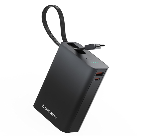 Ambrane 20000mAh Small Pocket Size Powerbank, Hanging InBuilt Type C Cable, 22.5W Fast Charging, Type C PD & USB Output for iPhone, Android Mobiles & Other Devices (MiniCharge 20, Black-Grey)