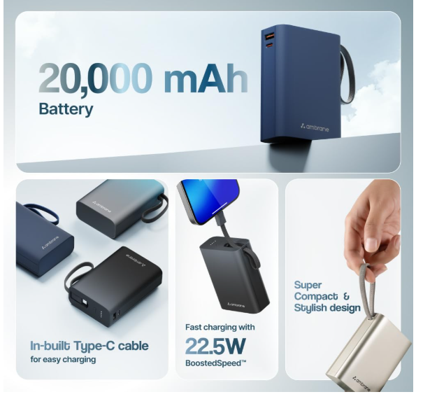 Ambrane 20000mAh Small Pocket Size Powerbank, Hanging InBuilt Type C Cable, 22.5W Fast Charging, Type C PD & USB Output for iPhone, Android Mobiles & Other Devices (MiniCharge 20, Black-Grey) - Image 2
