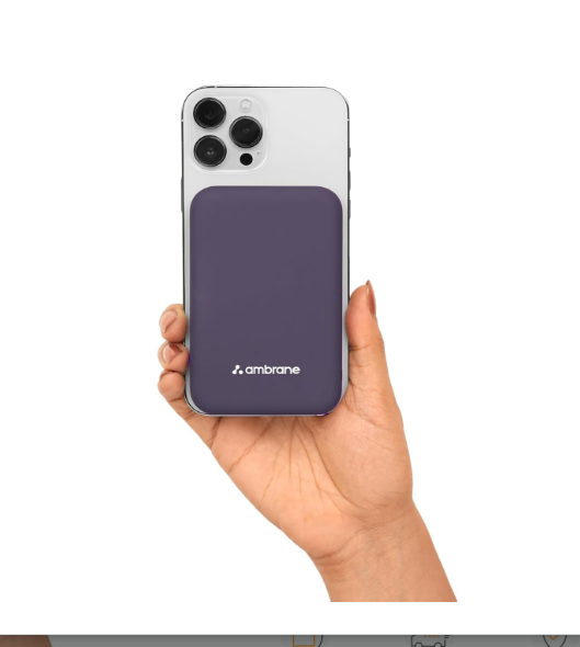 Ambrane Magsafe Wireless 10000Mah Fast Charging Power Bank, Strong Magnet, Micro USB Input, 22.5W Output For Iphone 12 Above, Android & Other Qi Enabled Devices + Magnetic Ring (Aerosync Snap, Purple)