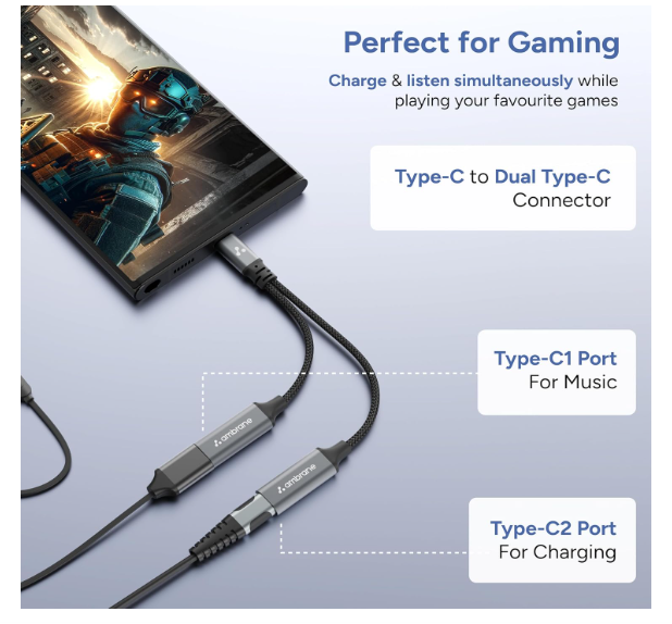 Ambrane 2 in 1 Type C to Type C Audio & Charging Connector, Perfect for Playing Music/Gaming while Charging For All Type C Devices, Android, iPhone 16/15/Plus/Pro/Max, Macbook, Laptop (AOTG-CC1,Black) - Image 2