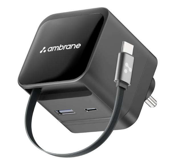 Ambrane 65W GaN Superfast Wall Charger with Type-C Cable, 2 Ports (1 USB & 1 Type C) 65W Output Compatible with iPhone, Samsung, MacBook & Type-C Laptop, OnePlus, Nothing (Charge 65,Black)