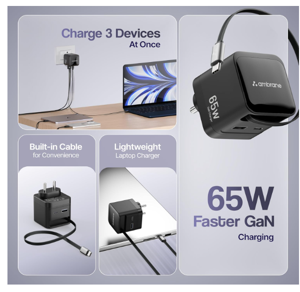 Ambrane 65W GaN Superfast Wall Charger with Type-C Cable, 2 Ports (1 USB & 1 Type C) 65W Output Compatible with iPhone, Samsung, MacBook & Type-C Laptop, OnePlus, Nothing (Charge 65,Black) - Image 2