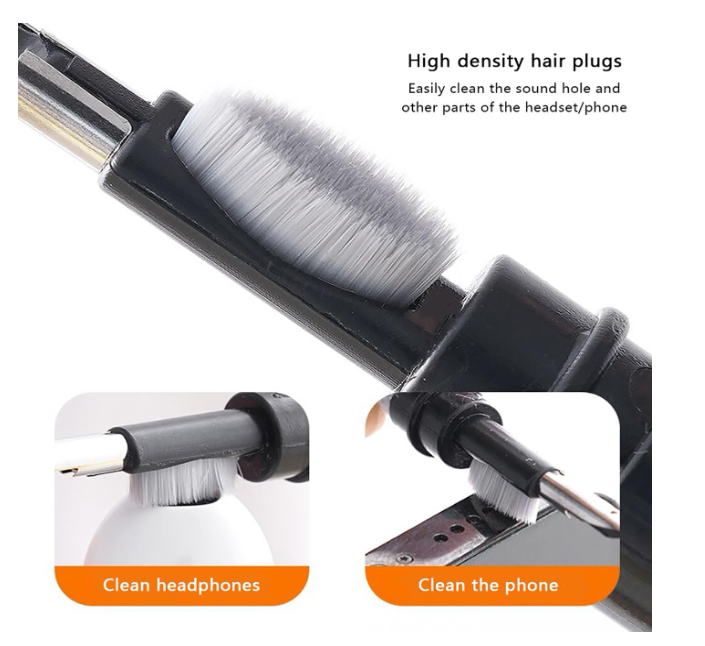 GLUN® 5 in 1 Black Cleaning Brush, Keyboard, TWS, Keycaps, Nylon & Metal, Portable & Desktop-Friendly - Image 2