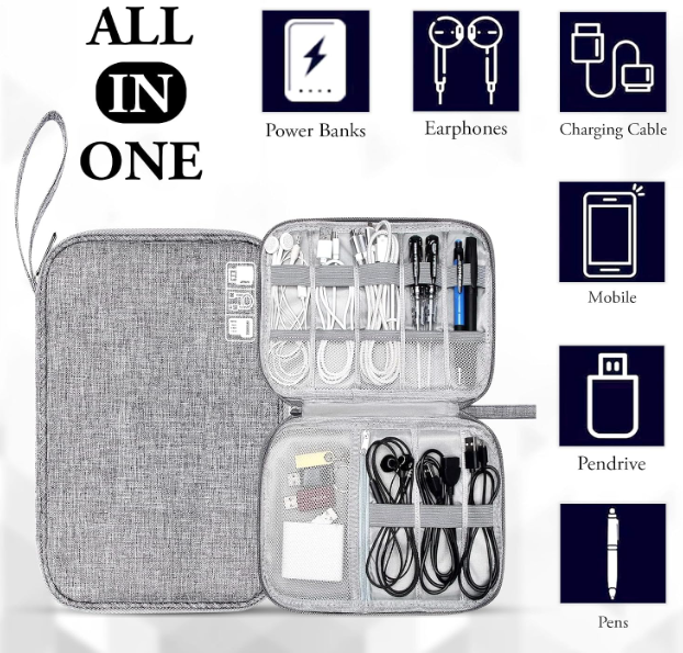 GLUN® Travel Gadget Wire Organiser, Grey Pack of 1, Waterproof, Portable, Lightweight & Durable Bag for Cables, Power Bank, Hard Drive, Earphones & Small Accessories - Image 2