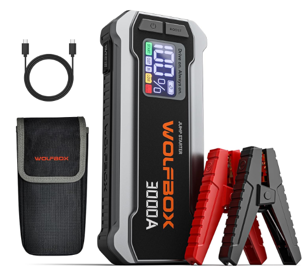 WOLFBOX 3000A Jump Starter - 16000mAh Portable Battery Booster for 8L Gas & 6L Diesel Engines, 65W Quick Charger (Adapter Not Included), LED Display, Built-in LED Light & Jumper Cables for Vehicles