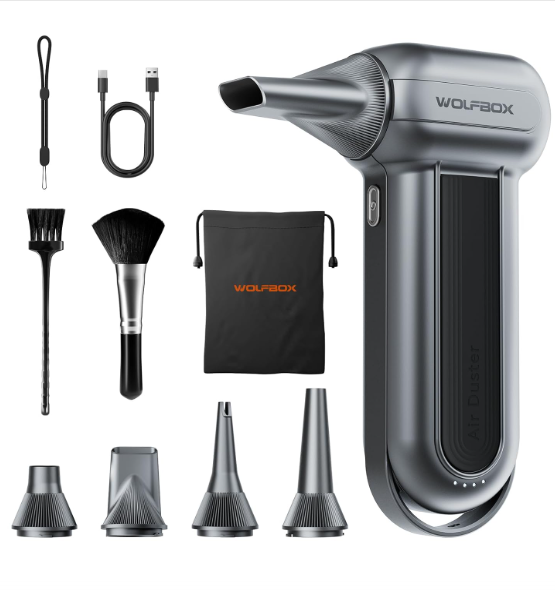 WOLFBOX MF100 Electric Air Duster - 150,000 RPM Rechargeable Cordless Blower, Brushless Motor, 3-Speed Adjustable for Cleaning Computers, Keyboards, Cars, Homes, and Outdoor Spaces