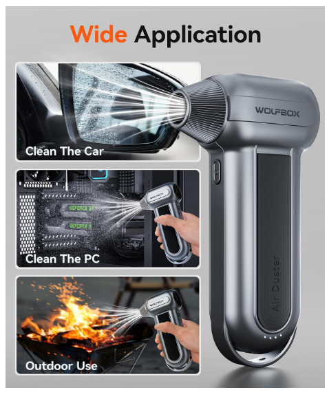 WOLFBOX MF100 Electric Air Duster - 150,000 RPM Rechargeable Cordless Blower, Brushless Motor, 3-Speed Adjustable for Cleaning Computers, Keyboards, Cars, Homes, and Outdoor Spaces - Image 2
