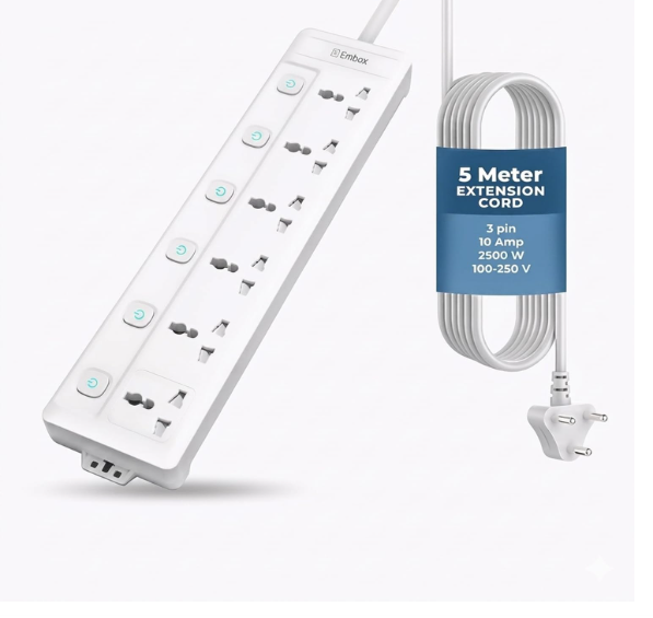 Embox 5 Meter Extension Board with USB| Extension Board with Switches 6 Universal Sockets Spike Guard | LED Indicator 2500W Extension Cord