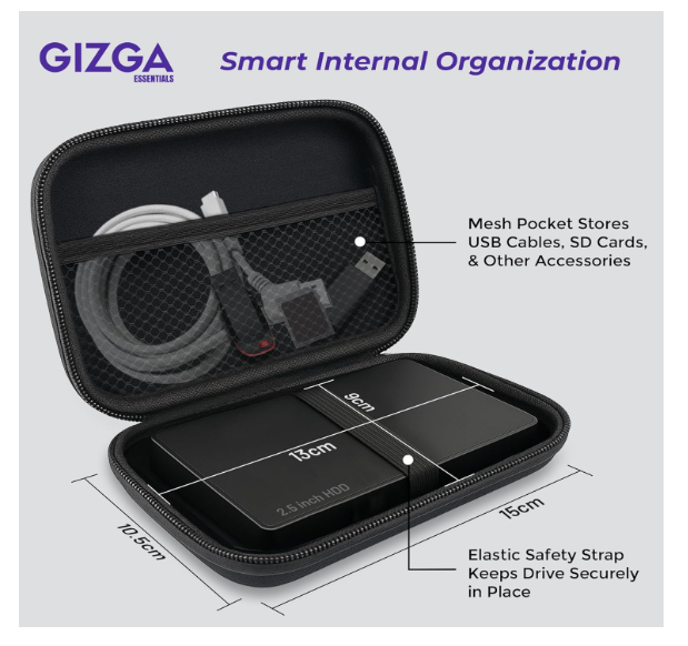 Gizga Essentials Hard Drive Case Shell, 6.35cm/2.5-inch, Portable Storage Organizer Bag for Earphone USB Cable Power Bank Mobile Charger Digital Gadget Hard Disk, Water Resistance Material, Black - Image 2