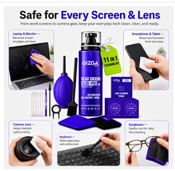 Gizga Essentials 11-in-1 Laptop Cleaning Kit | 150ml Screen Cleaner Spray, Air Blower, Microfiber Cloth, Lens Tissue & Keycap Puller | Camera, DSLR, TV, Keyboard, Eyeglass & Mobile Cleaning Kit - Image 2