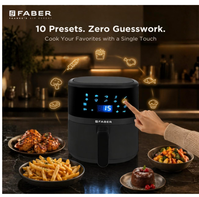 Faber 4L 1300W Digital Air Fryer | Fry, Bake, Roast | 85% Less Oil, 200°C Swirl Heating Technology |10-Preset Menu|Touch Control Interface| Auto Shut-Off |2 Yrs Comprehensive Warranty|Black - Image 2