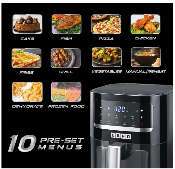 USHA Ichef Smart Air Fryer 4.5L,10 In 1 Functions10 Preset Menu|Digital Display&Touch Panel|Transparent Window|Illuminated Chamber|Turbo Air Circulation|Oil Free Cooking|Auto Pause/Start(Black),1350W - Image 2