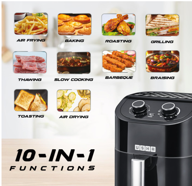USHA Ichef Air Fryer 4.5L, 10 In 1 Functions: Air Frying, Baking, Roasting, Grilling, Thawing, Slow, Toasting And Air Drying |Turbo Air Circulation|Oil Free Cooking (Black), 1350 Watts - Image 2