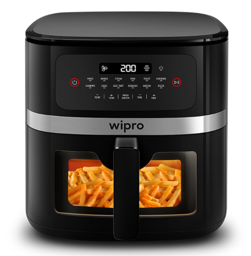 Wipro Elato CAF 202 Digital Air Fryer | PTFE Free Ceramic Coated | 1800W | 7.5 L Capacity | Transparent Full Window | Digital Touch Control | 12 Preset Modes | Black