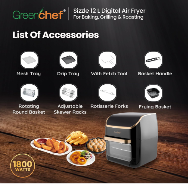 Greenchef Digital Display Air fryer - Sizzle|Baking|Grilling|Roasting|12litre Capacity|10 Touch Preset Menu|7 Accessories|Adjustable temperature and timing|1800 Watts - Image 2