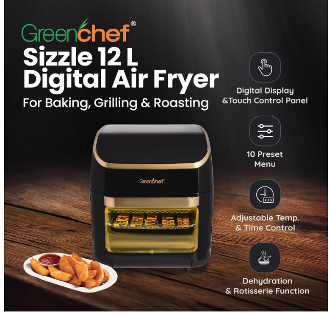 Greenchef Digital Display Air fryer - Sizzle|Baking|Grilling|Roasting|12litre Capacity|10 Touch Preset Menu|7 Accessories|Adjustable temperature and timing|1800 Watts - Image 3