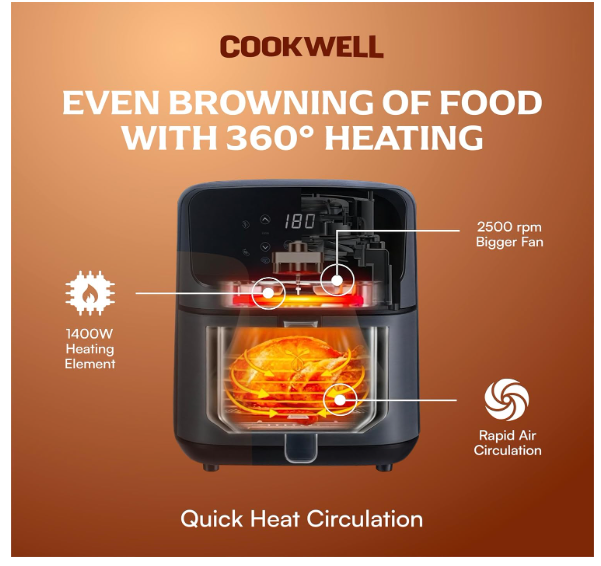 Cookwell Air Fryer - 5L With See Through Window - 1400W (Grey & Black) - Image 3