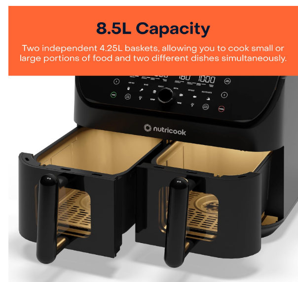 Nutricook Air Fryer 8.5L Duo2 Vision, 2026 New Launch with Independent Dual Baskets, Clear Window & Light, 100% Toxin-Free, No PTFE, PFOA or Microplastics, 2400W, 6 Presets, 2-Year Warranty - Image 2