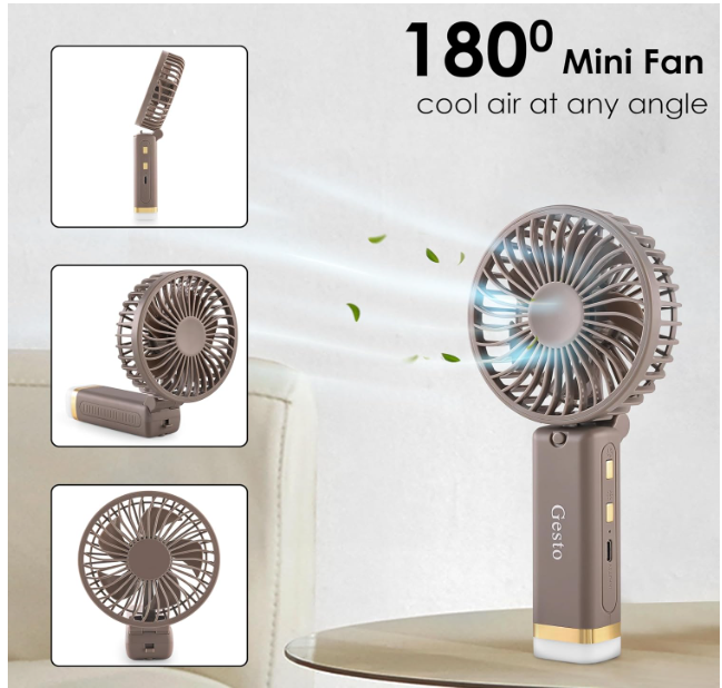 Gesto Portable Fan Rechargeable with LED Light – Foldable Mini Fan, Small Fan,USB Charging Hand Fan with 1200mAh Battery & 3 Speed Modes | Travel, Makeup, Kitchen,Women’s Personal Pankhaa - Grey - Image 2