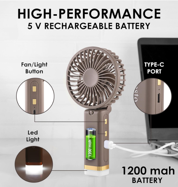 Gesto Portable Fan Rechargeable with LED Light – Foldable Mini Fan, Small Fan,USB Charging Hand Fan with 1200mAh Battery & 3 Speed Modes | Travel, Makeup, Kitchen,Women’s Personal Pankhaa - Grey - Image 3