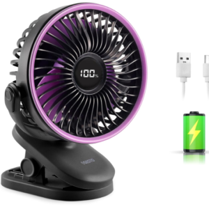 Gesto High Speed Rechargeable Clip-On Table Fan with Digital Display – 360° Moving USB Charging Fan for Home,Kitchen,Baby Stroller | 2000mAh Battery,5 Speed Modes,Portable Battery Operated Fan -Black