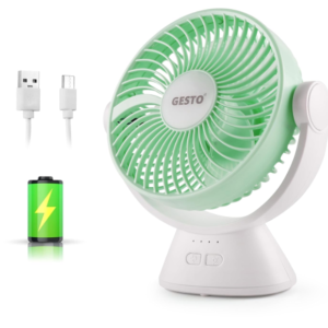 Gesto 7.8 Inch High Speed Rechargeable Table Fan for Home – USB Charging Battery Fan With Led Light | 2400mAh Battery for Upto 8 Hrs. Runtime | 3 Speed Modes Portable fan for Home,Office,Kitchen-Green