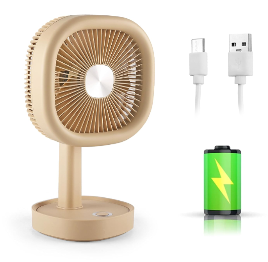 Gesto 6 Inch High Speed Rechargeable Table Fan for Home – USB Charging Battery Fan With Led Light | 2400mAh Battery for Upto 8 Hours Runtime | 3 Speed Modes Portable fan for Home, Office,Kitchen - Tan