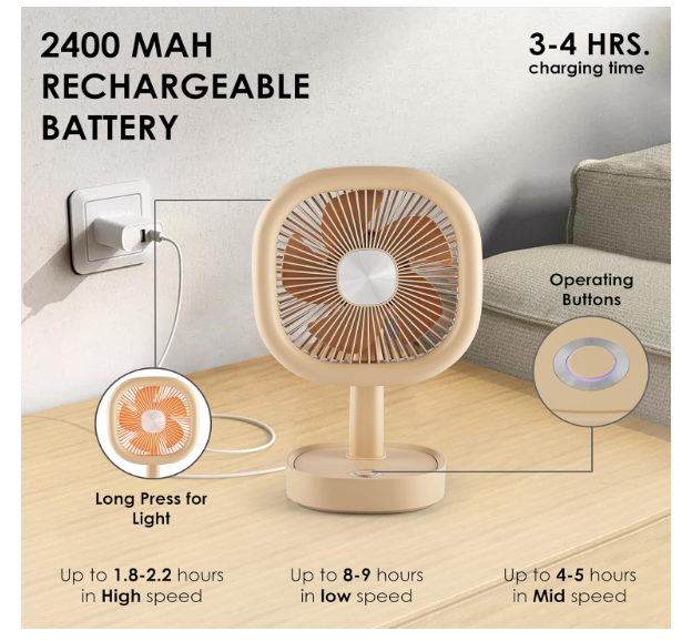 Gesto 6 Inch High Speed Rechargeable Table Fan for Home – USB Charging Battery Fan With Led Light | 2400mAh Battery for Upto 8 Hours Runtime | 3 Speed Modes Portable fan for Home, Office,Kitchen - Tan - Image 2