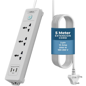 Embox 10A Extension Board with USB Type C | 2000W Heavy Duty Extension Board 5 Meter Cable | 3 Universal Sockets 3 USB Ports Power Strip with LED Indicator Safety Shutter Master Switch