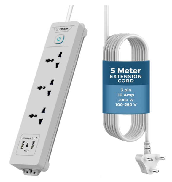 Embox 10A Extension Board with USB Type C | 2000W Heavy Duty Extension Board 5 Meter Cable | 3 Universal Sockets 3 USB Ports Power Strip with LED Indicator Safety Shutter Master Switch