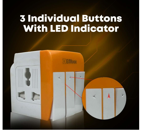 EMBOX 3 Pin Multi Plug Adapter with Individual Switch 3 Pin Plug Socket Safety Shutter Spike Buster Fuse Protected Adapter 3 Way Plug Extension for Home Office Travel-5A-250V, Pack of 1 Orange - Image 2